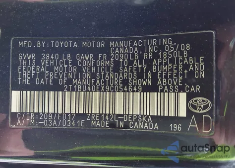 2009 Toyota Corolla S from USA, damaged, VIN 2T1BU40EX9C054649
